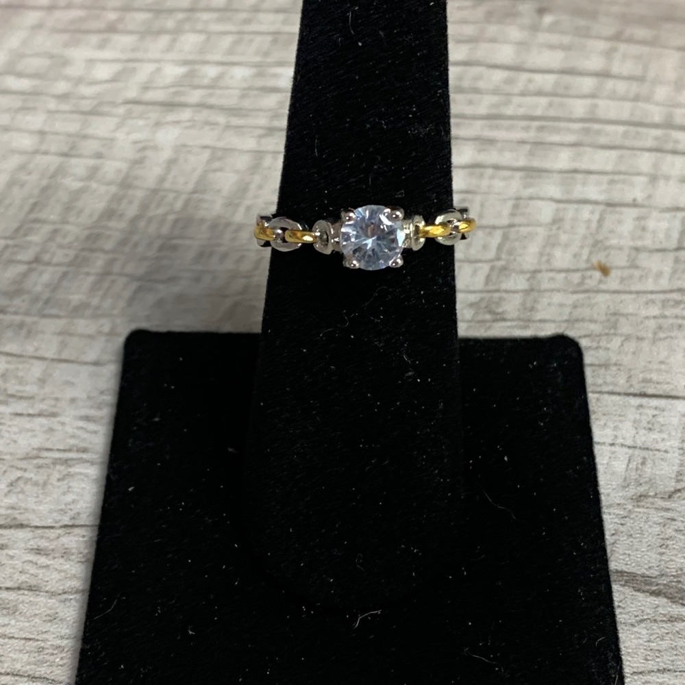 Two Tone Chain Link Round Clear Stone Ring Mixed Metal Silver Gold Size 7.5